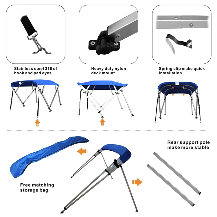 NHCX تركيبات النايلون مركبة بحرية الغطاء العلوي الألومنيوم أنبوب مربع قارب عائم بيميني العلوي #4