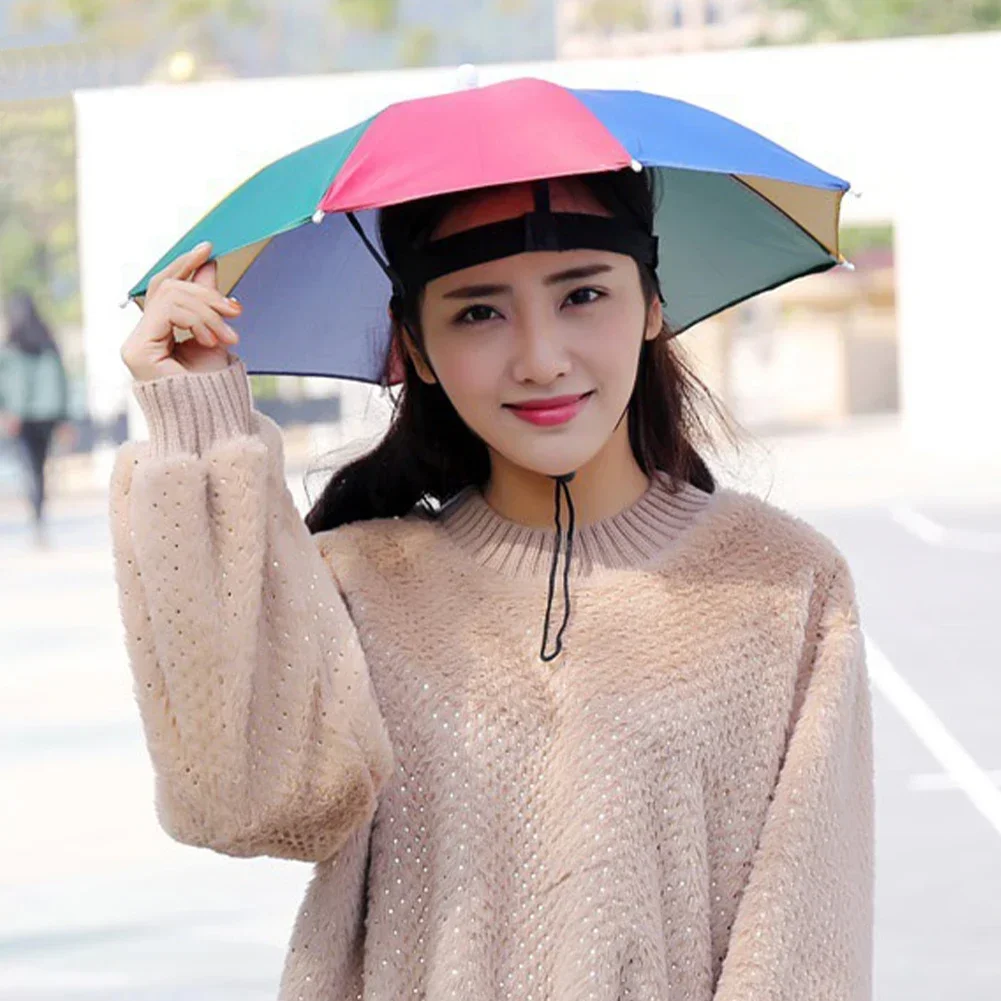 55cm Portable Rain Umbrella Hat Foldable Outdoor Fishing Anti-Sun Waterproof Umbrella Camping Head Cap Beach Head Hats