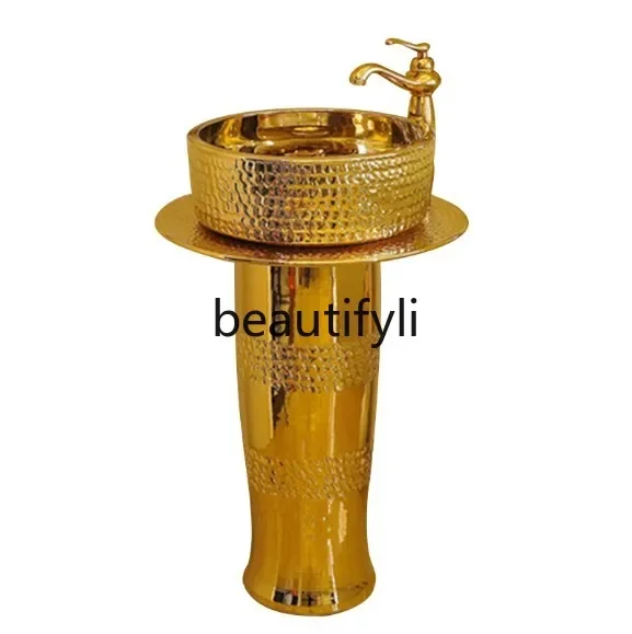 

Ceramic column type washbasin European gold bar Floor to wall balcony column basin45