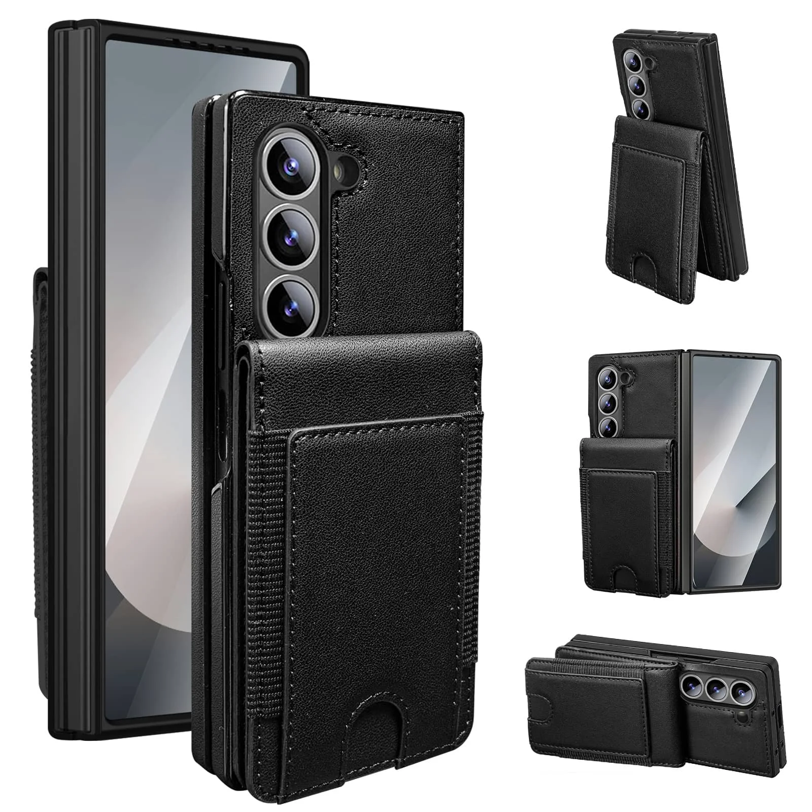 

Compatible with Samsung Galaxy Z Fold 76/5/4/3 Case Wallet with【9H Glass Screen Protector】Case with Card Holder Strap Flip Cover