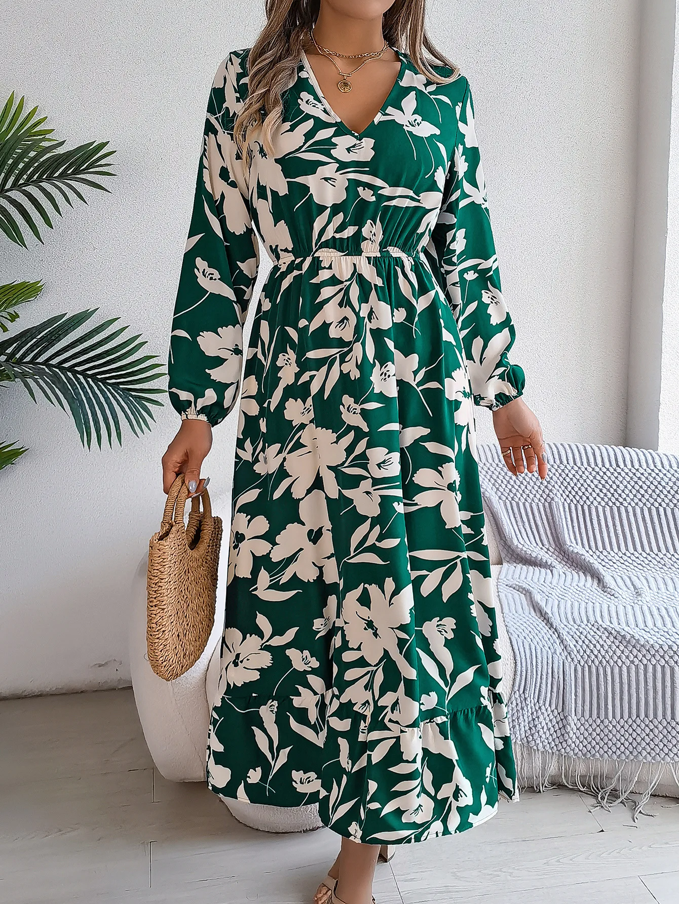 فستان مُزين بطباعة غير رسمية للنساء موضة جديدة على شكل حرف v وأكمام طويلة وخصر مطاطي فساتين على شكل حرف a أنيقة عالية الخصر للتنقل #4