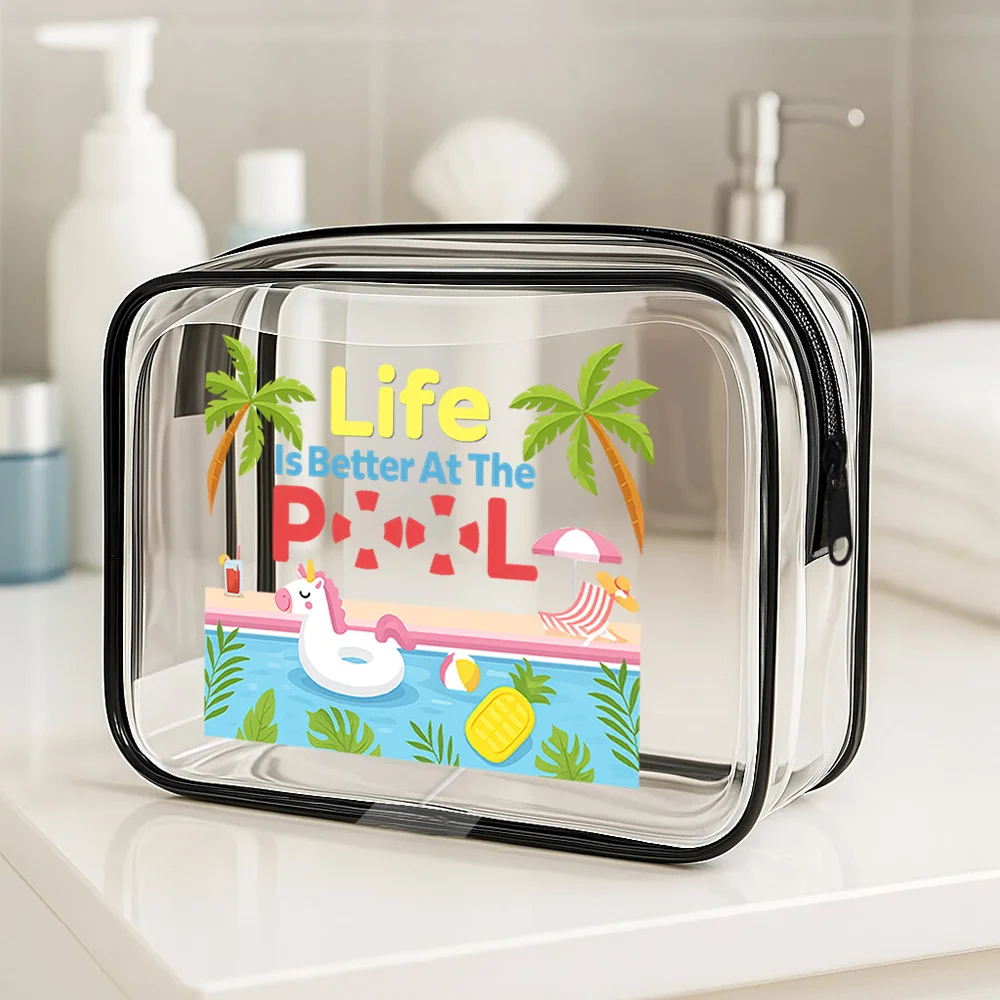 Women S Clear Toiletry Bag Cute Pool Themed Travel Organizer with Flip Flops Palm Trees Beach Ball Design Makeup Bags