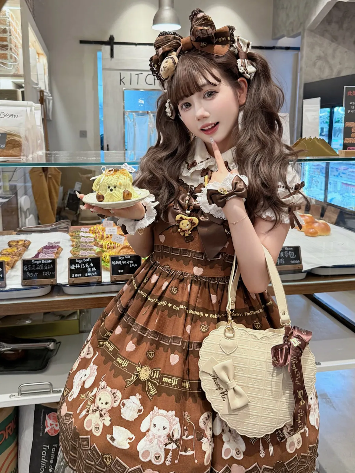 Chocolate Pattern Love Bag Sheep Puff Lolita Handbag Girl Original Butterfly Lace Bag Sweet Cute Lo Shoulder Crossbody Bag Women view 4