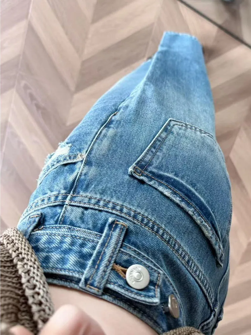 plus Size Women's Vintage Ripped Denim Jeans High Waist Slimming Loose American Style Seven-Foot Straight Leg Casual Blue