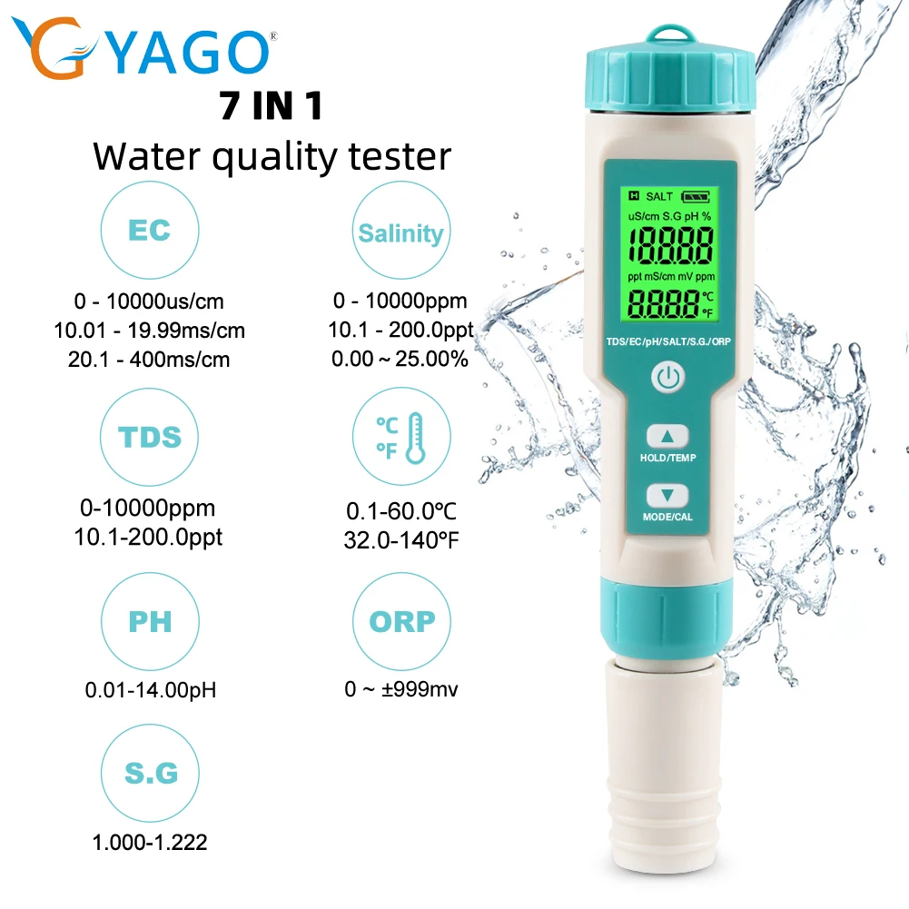 

7 in 1 PH Meter Aquarium Water Quality Tester TDS/EC/ORP/S.G/Salinity/Temperature Tester With Electrode for Drinking Water Pools