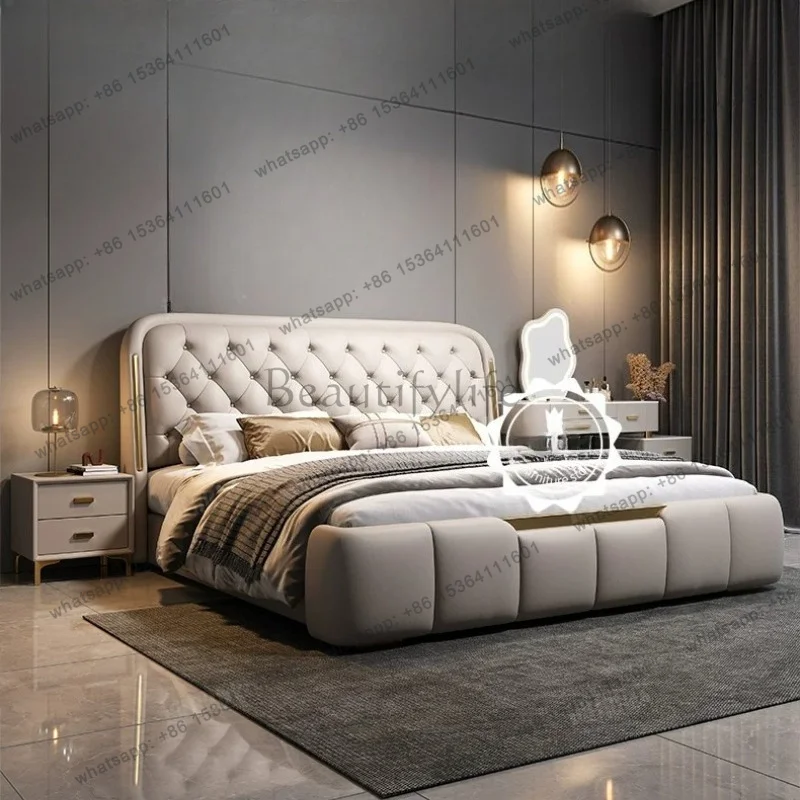 LSLuxury genuine leather master double bed stylish Italian soft upholstered storage wedding bed bedroom modern furnishing decor