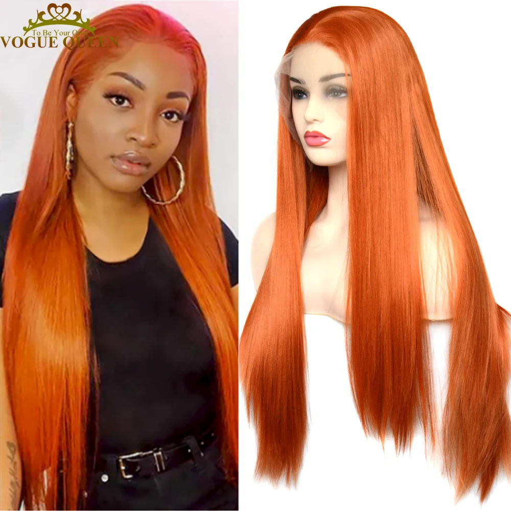 Vogue Queen Orange Long Straight Synthetic Lace Front Wig Natural Hairline Heat Resistant Fiber Free Parting For Women