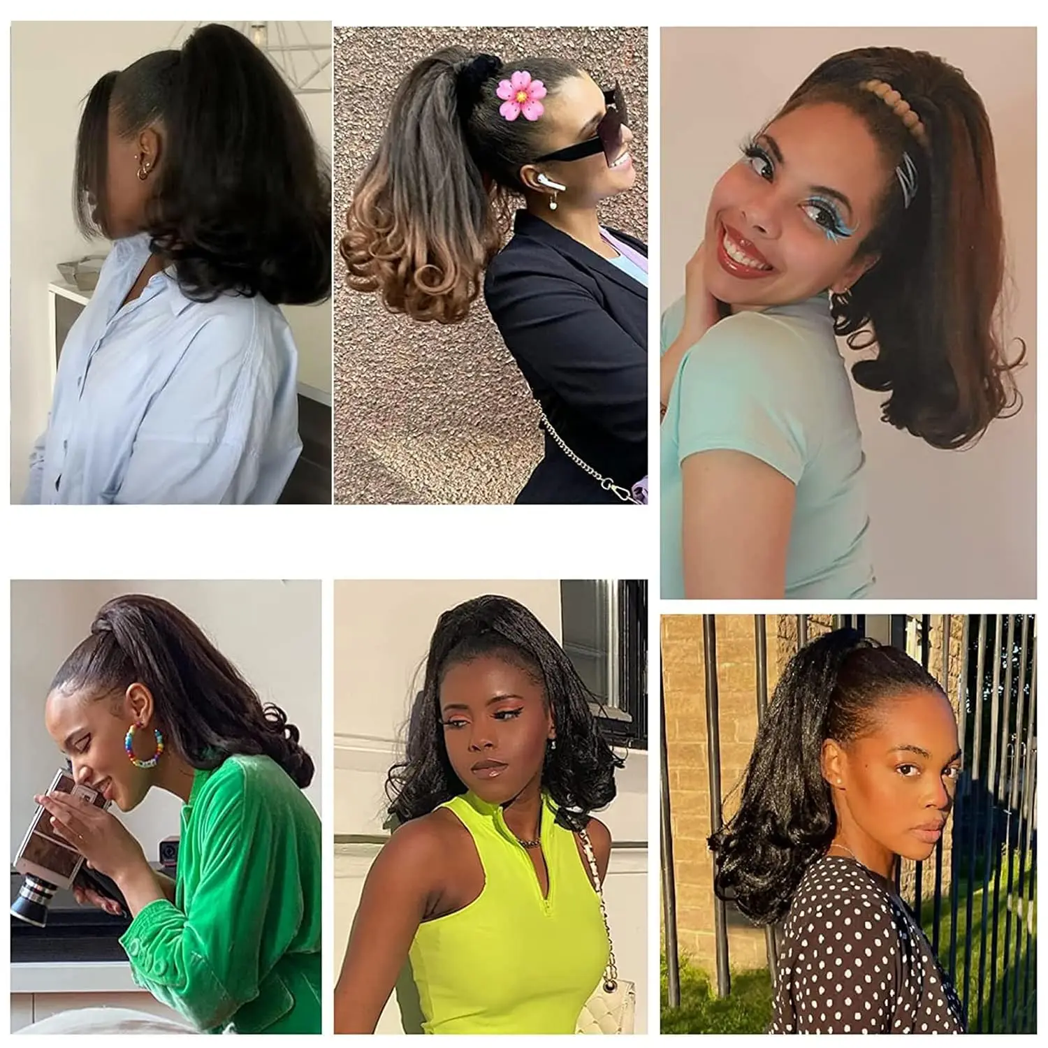 وصلة شعر قصيرة برباط أسود للنساء ذوات البشرة السمراء بطول 14 بوصة ذيل حصان مستقيم مع تجعيد نهاية قطعة شعر صناعية مزيفة