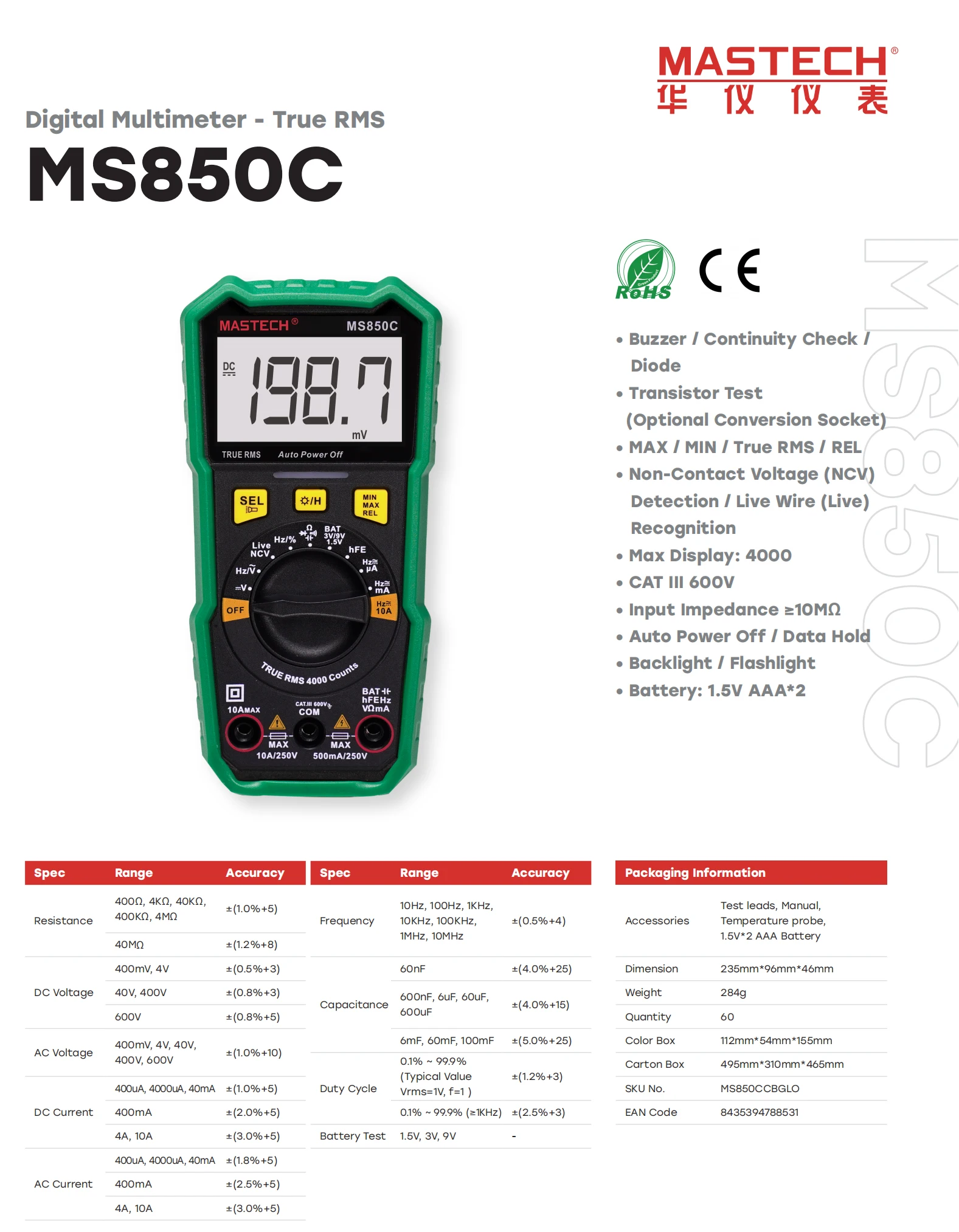 Mastech Multimeter MS850C Multimetro Tester Digital Multimeter 2000 Counts Auto Ranging AC/DC Voltage Temperature Measuring