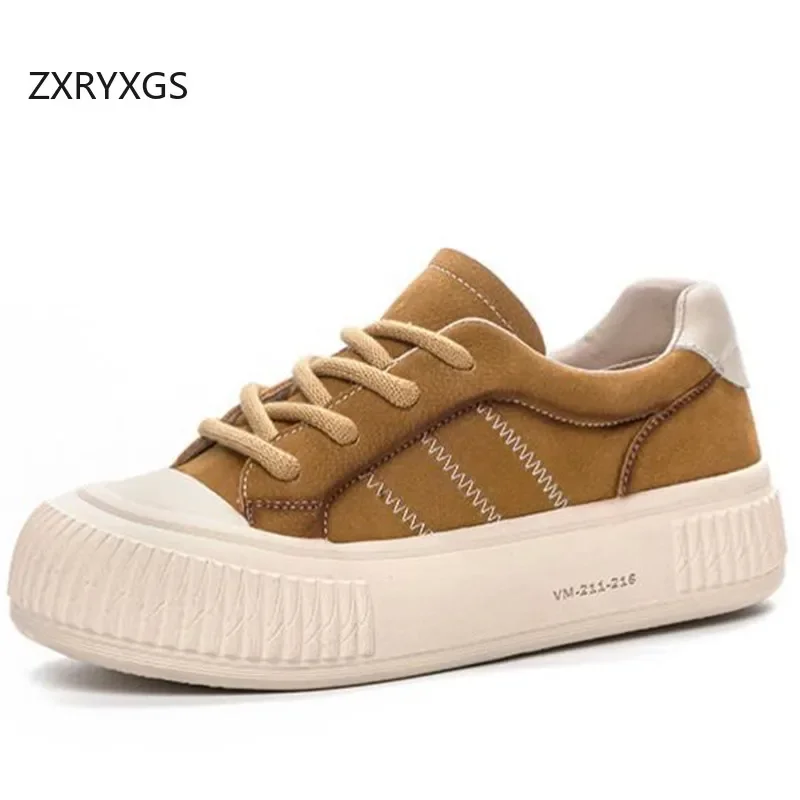 ZXRYXGS 2024 Top Layer Cowhide Platform Shoes Increase Sneakers Casual Shoes 2024 New Lace-up Women Sneakers Student Nurse Shoes