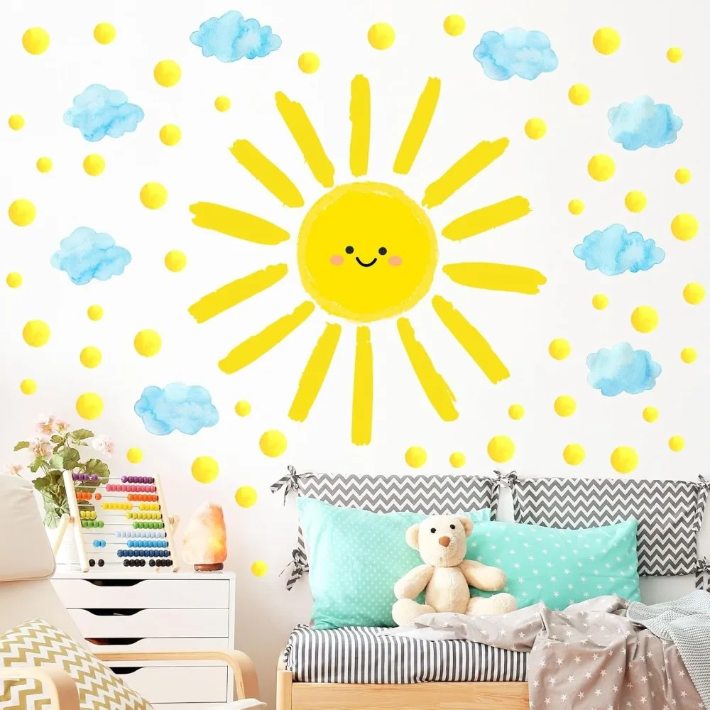

Sun Wall Decals Watercolor Cloud Stickers for Kids Room, 12 Sheets Large Sun Cloud Decor Posters Polka Dots Wall Stick