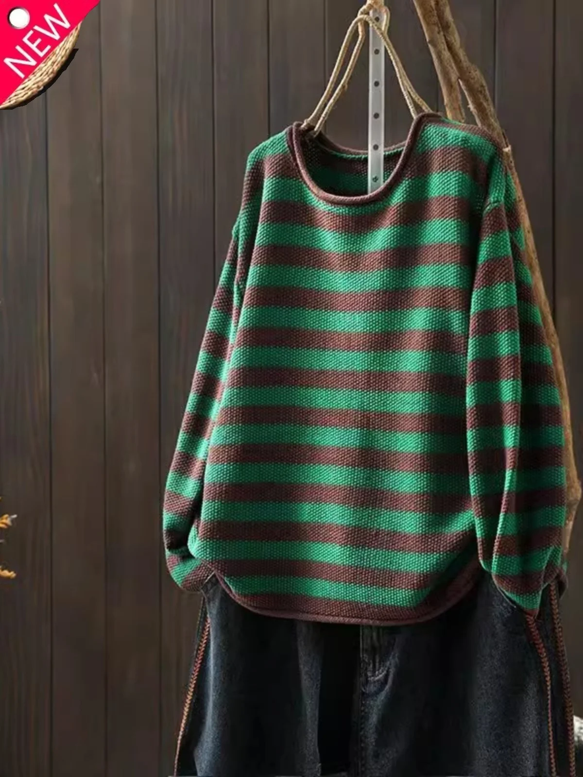 High-End Japanese Style plus Size Spring Striped Knitwear Women's Loose Slimming Sweater Base Shirt Trendy Top
