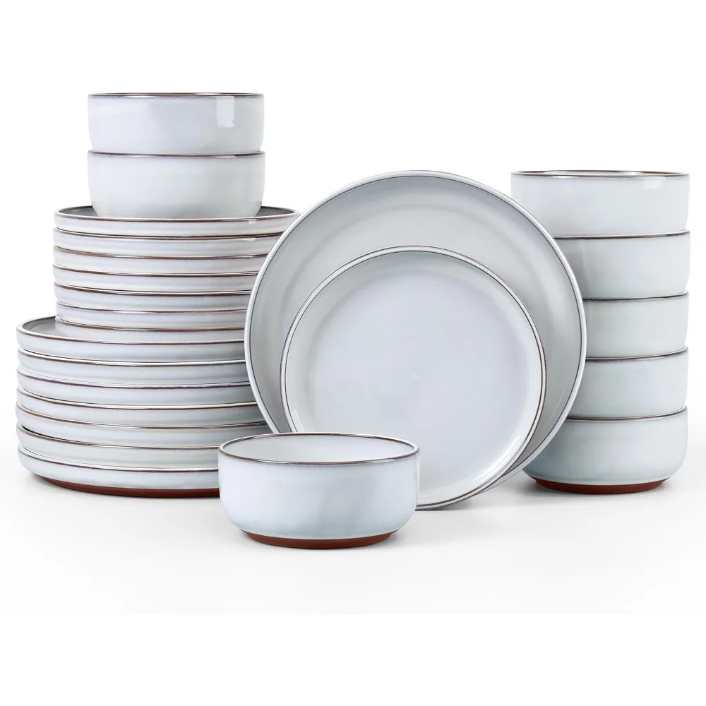 

e-far stoneware dinnerware sets for 8, 24 pieces reactive glaze plates and bowls sets, elegant dishes with rustic terracotta cla