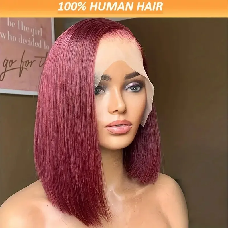 

99J Burgundy Bob Human Hair Wigs 13X4 Lace Frontal Wig Human Hair 180 Density Pre Plucked With Baby Hair Wig For Women