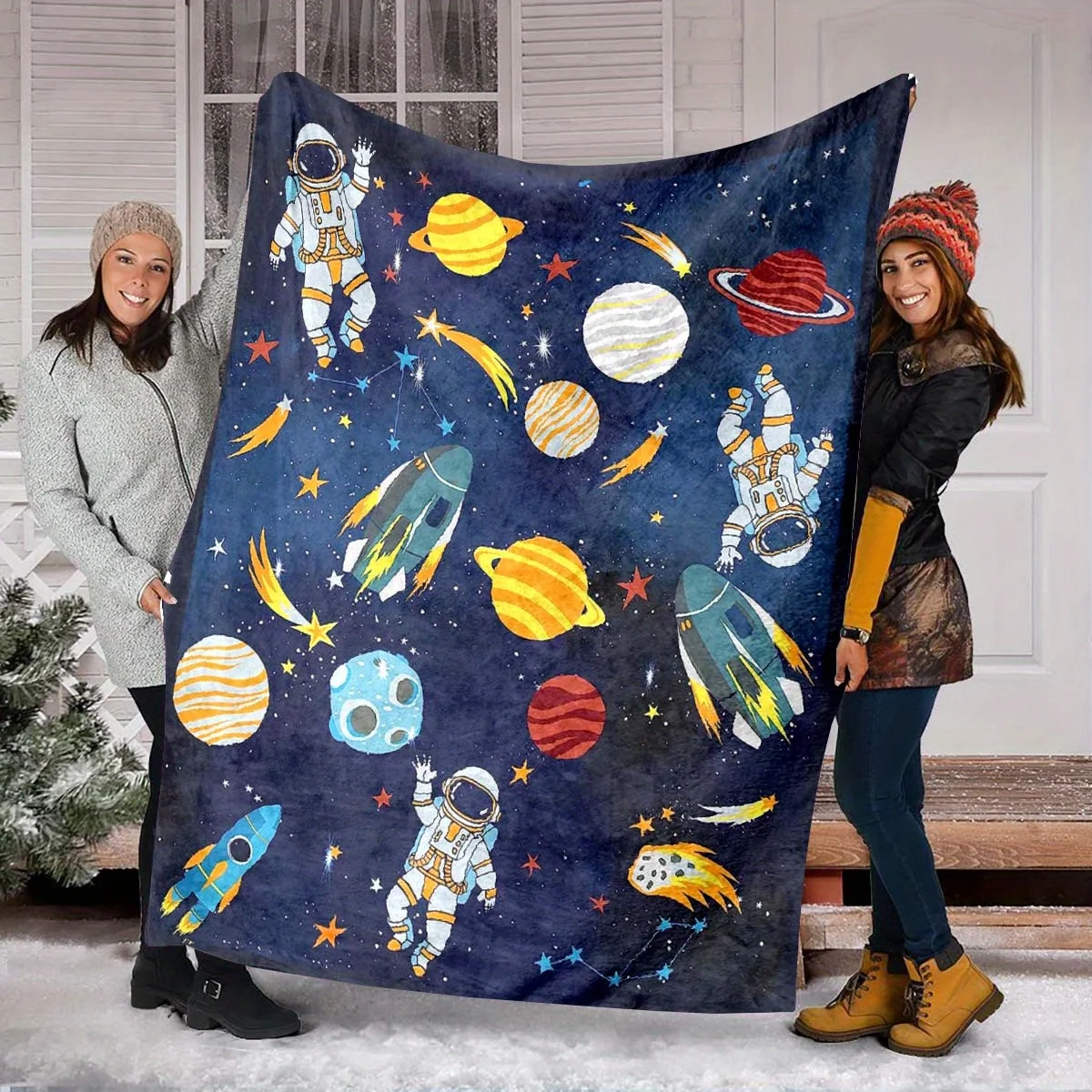 1 Stück Flanelldecke mit kosmischem Astronautenmuster, weiche, warme Überwurfdecke, Nickerchendecke für Couch, Sofa, Büro, Bett, Camping, Reisen