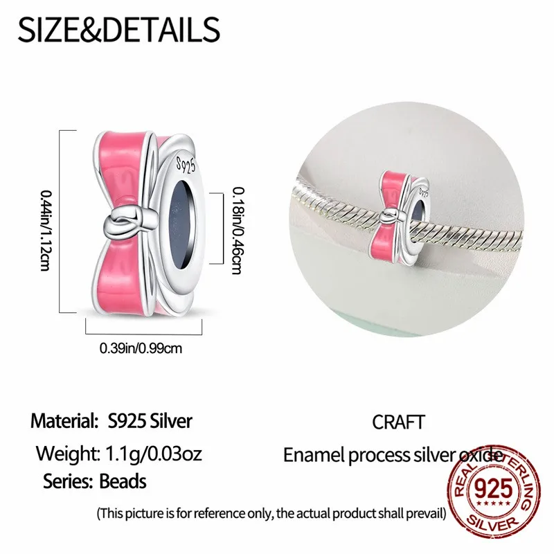 925 Sterling Silver Pink Pendant Bead, Set with Zircon Paired with an Original Bracelet DIY Womens Jewelry Gift