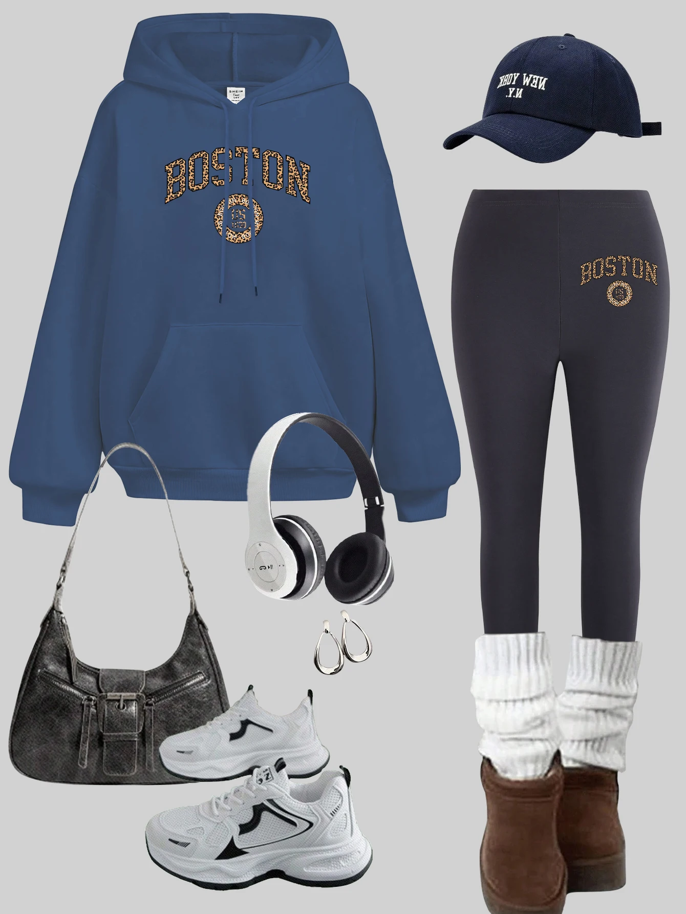 

Boston Usa City Printing Pullovers Women Fleece Pocket Hoodies Set Y2K Casual Thicken leggings Woman Loose Clothing Sets