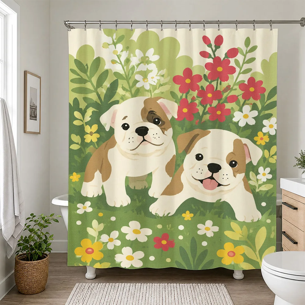 Cute Puppy Dog Shower Curtain Floral Bathroom Decor Cartoon Dog Family Shower Curtain Waterproof Shower Curtain
