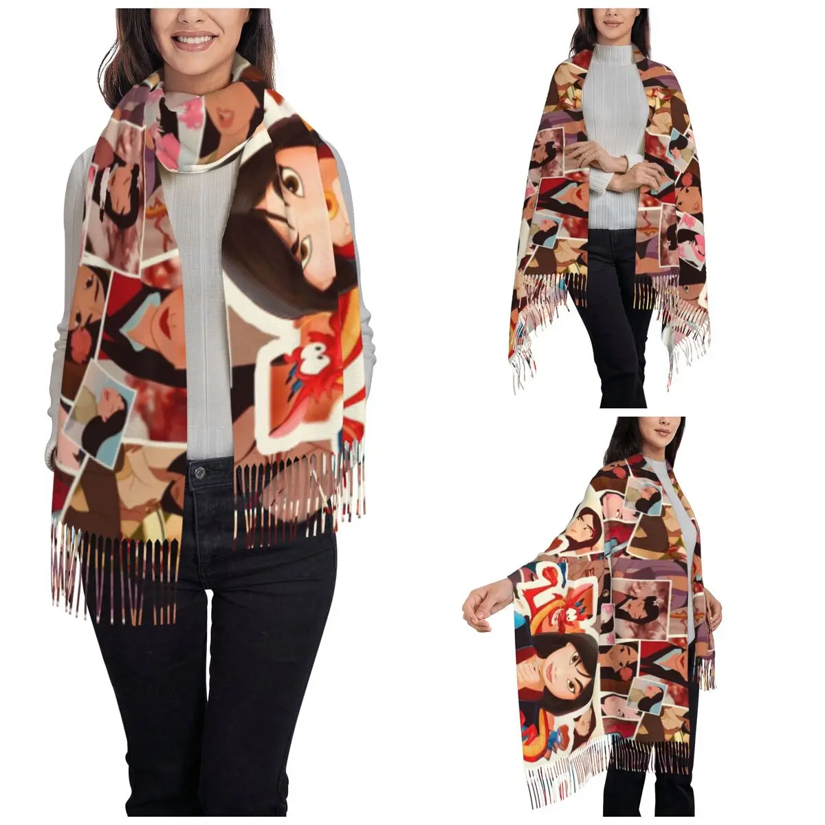 Womens Scarf with Tassel Mulan Princess Beaty Cartoon Long Winter Warm Shawl Wrap Cute Mushu Gifts Cashmere Scarf