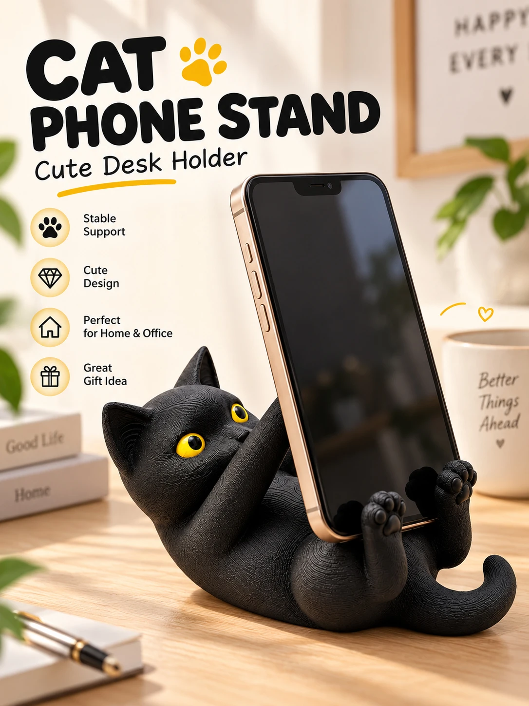 3D-gedruckter, verstellbarer Handyhalter in Form einer schwarzen Katze, niedlicher Handyhalter in Kätzchenform für den Schreibtisch, Schreibtischdeko in Tierform, Geschenk.