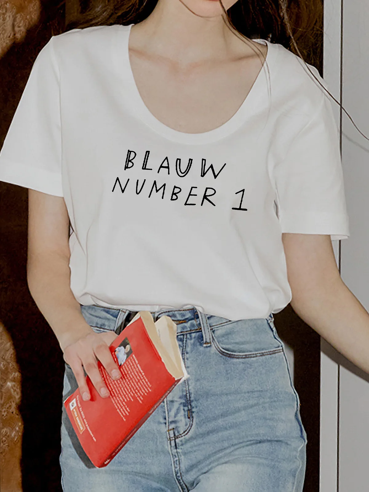 Combed Cotton U-Neck Short Sleeve Women's T-Shirt Pure White Large round Neck Print Top Sexy Low-Neck Commute Style Korean Ve...