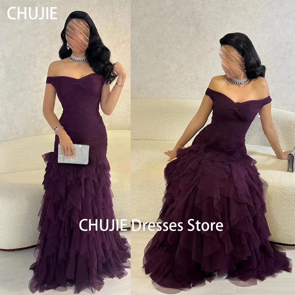 

Plum Tulle Tiered Evening Dresses Wedding Cocktail Party Fashion Floor Length Formal Gowns Prom Dress فستان المساء Customized