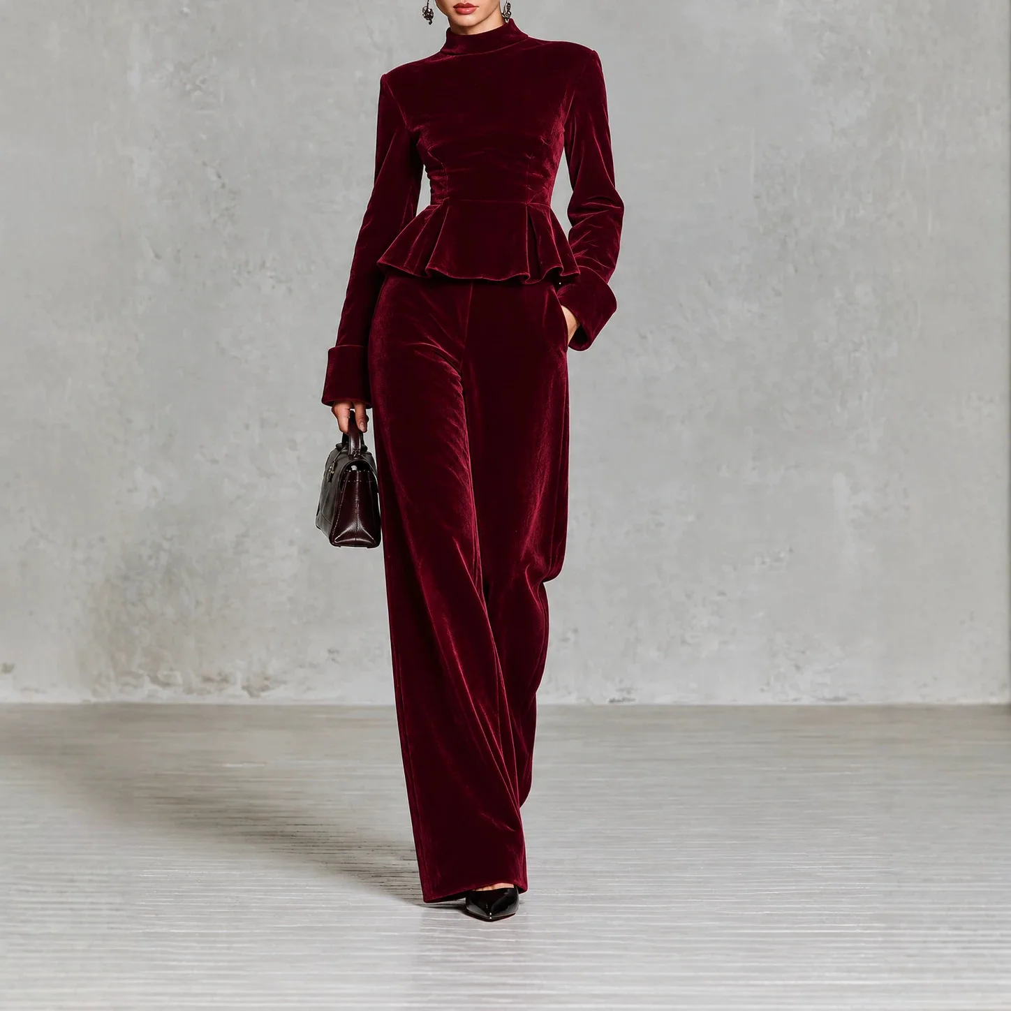 Winter Women Velvet 2 Piece Set Turtleneck Waist Cinched Ruffle Hem Long Sleeve Top Elegant Loose Wide Leg Pants Office Suit New