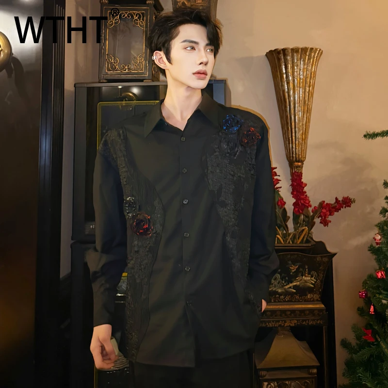 

WTHT Trendy Men's Heavy Industy Spliced Flower Design Shirts Fashion Long Sleeves Single-breasted Tops Male 2025 Autumn 2A1402