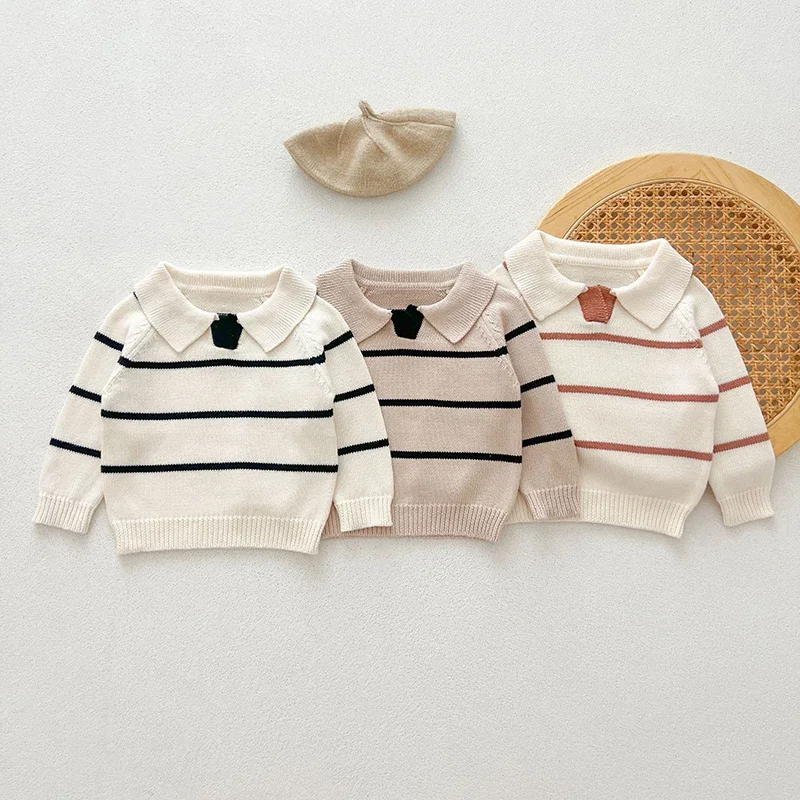 

2024 New Autumn Kids Sweater Baby Girls Knitted Clothes Newborn Baby Girls Sweater Long Sleeved Knitted Striped Pullover Top