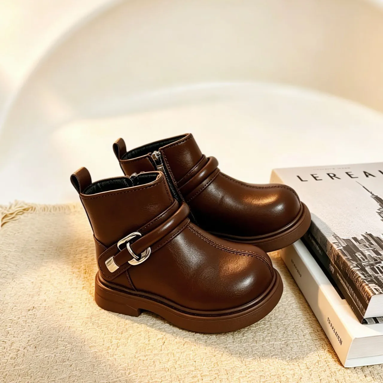 Little Girls Vintage Ankle Boots Winter Toddler Kids Metal Buckle Decor Strap Side Zipper Booties Non-Slip Rubber Sole Boots