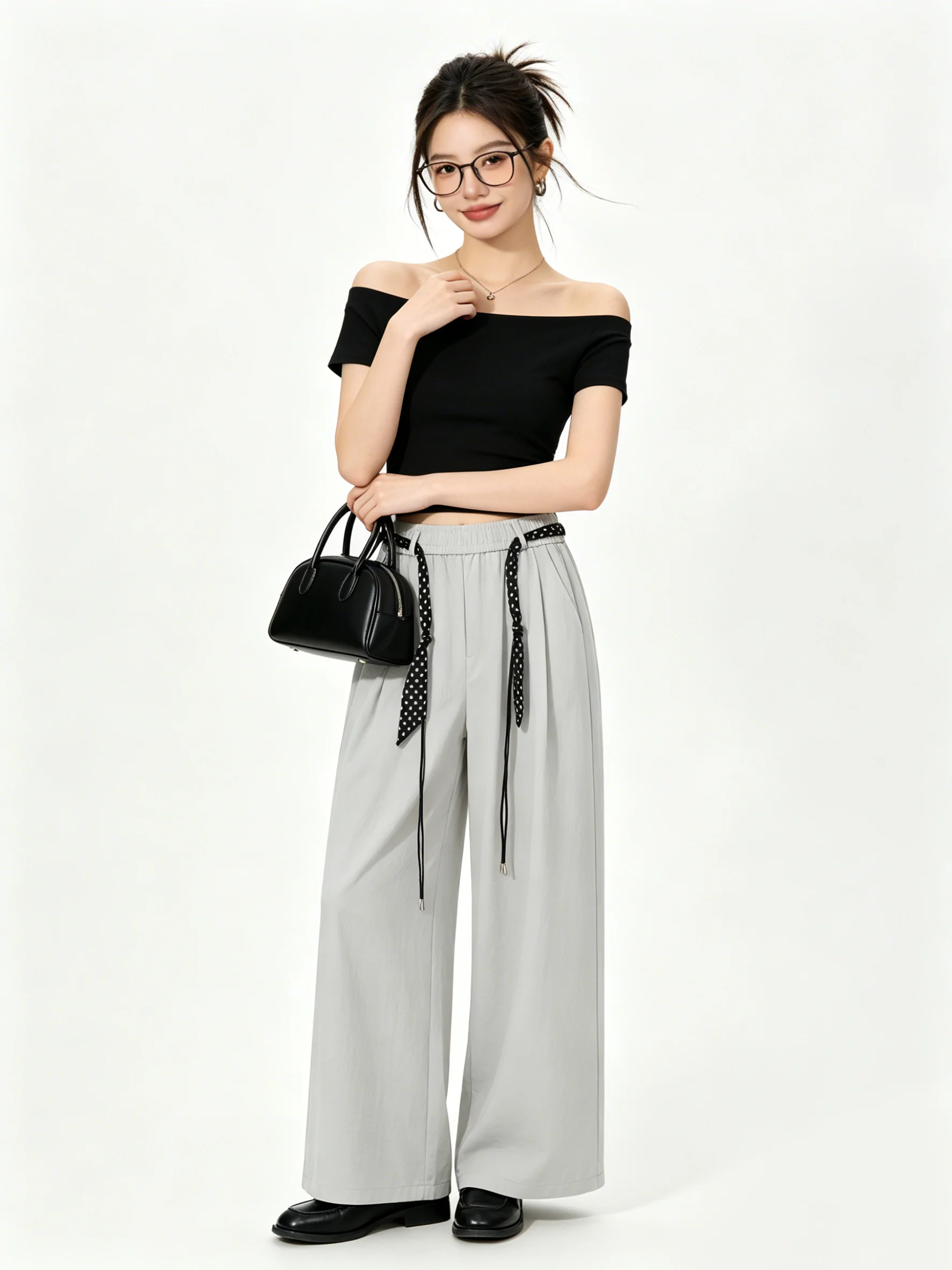 

Summer Skin-friendly Polka Dot Belted Casual Wide Leg Pants High Waist Draping Loose Fit Daily Wear Comfortable Straight Leg ...