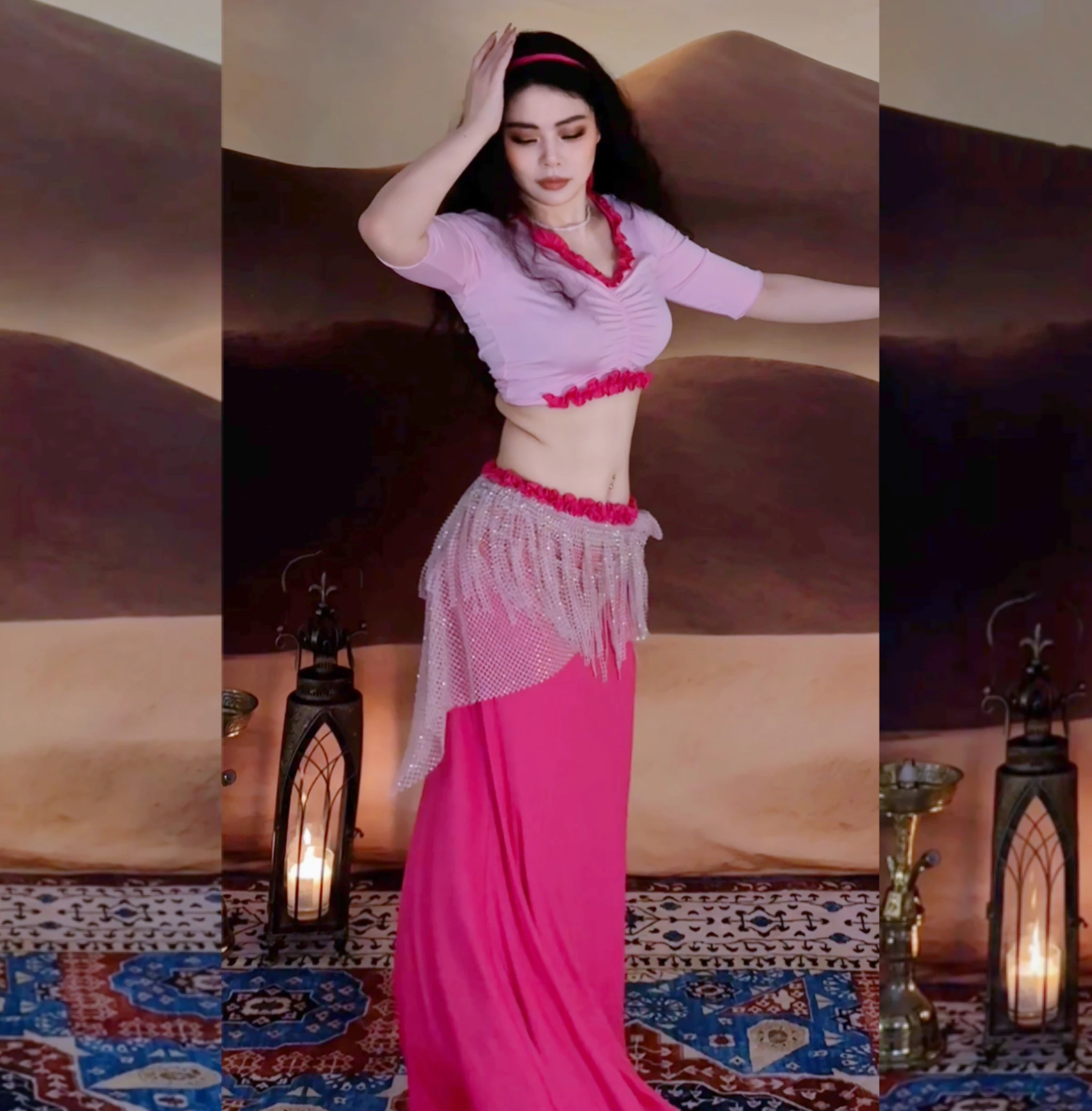 Nuovo costume da performance di danza del ventre da donna con scollo a V mezza manica + gonna lunga sexy a coda di pesce 2 pezzi vestito da pratica di danza orientale per adulti