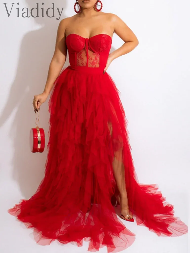 Dames sexy pure mesh doorzichtige kanten bandeau ruches decor vloerlange feestjurk