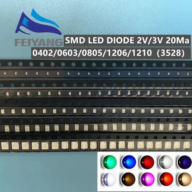 100pcs 0402 0603 0805 1206 1210(3528) smd led Red Yellow Green White Blue light emitting diode Clear   Set