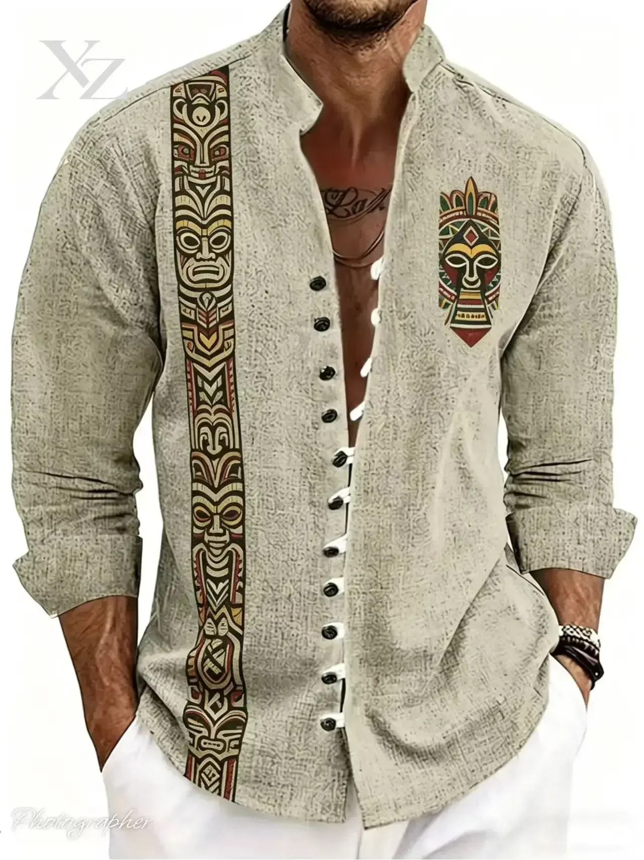 Hot Sale Men's New Retro Ethnic Linen Long Sleeved Shirt with 3D Printed Tiki Sun Pattern, Casual Comfortable For 2026