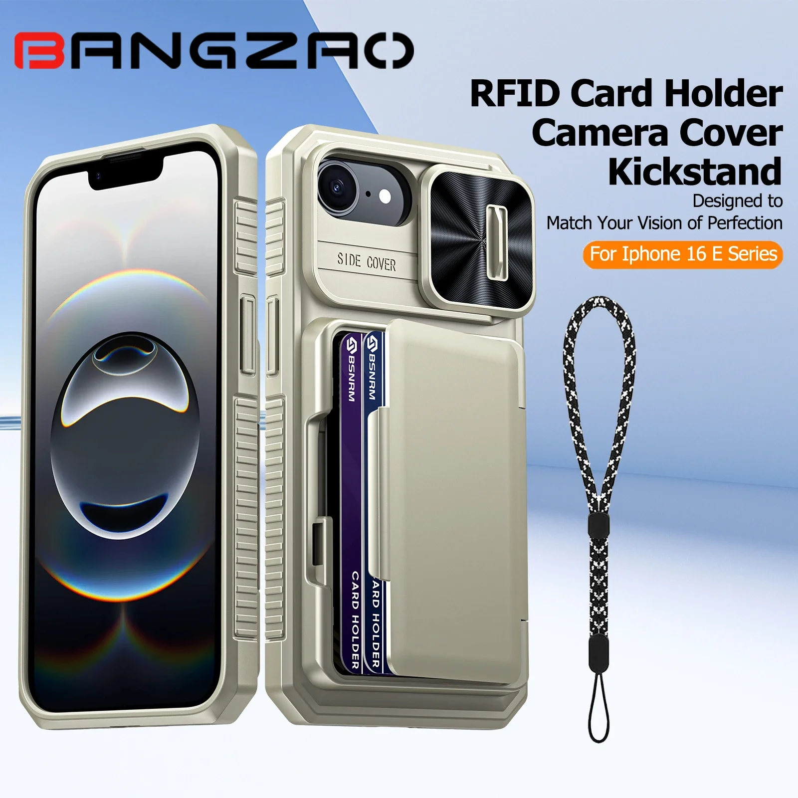 

Чехол для iPhone 16 E, держатель для карт, чехол для камеры, прочный противоударный силиконовый защитный чехол для всего тела - титан