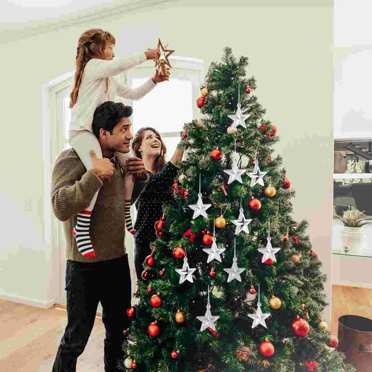 18 Pcs Toppers Christmas Tree Decorations 7cm Three-dimensional Five-pointed Star Hanging