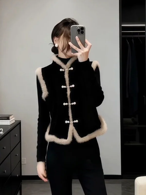 

Ретро китайский пушистый жилет с воротником на пуговицах, женский осенне-зимний новый многослойный жилет Bla Base irt Top, комплект из двух предметов