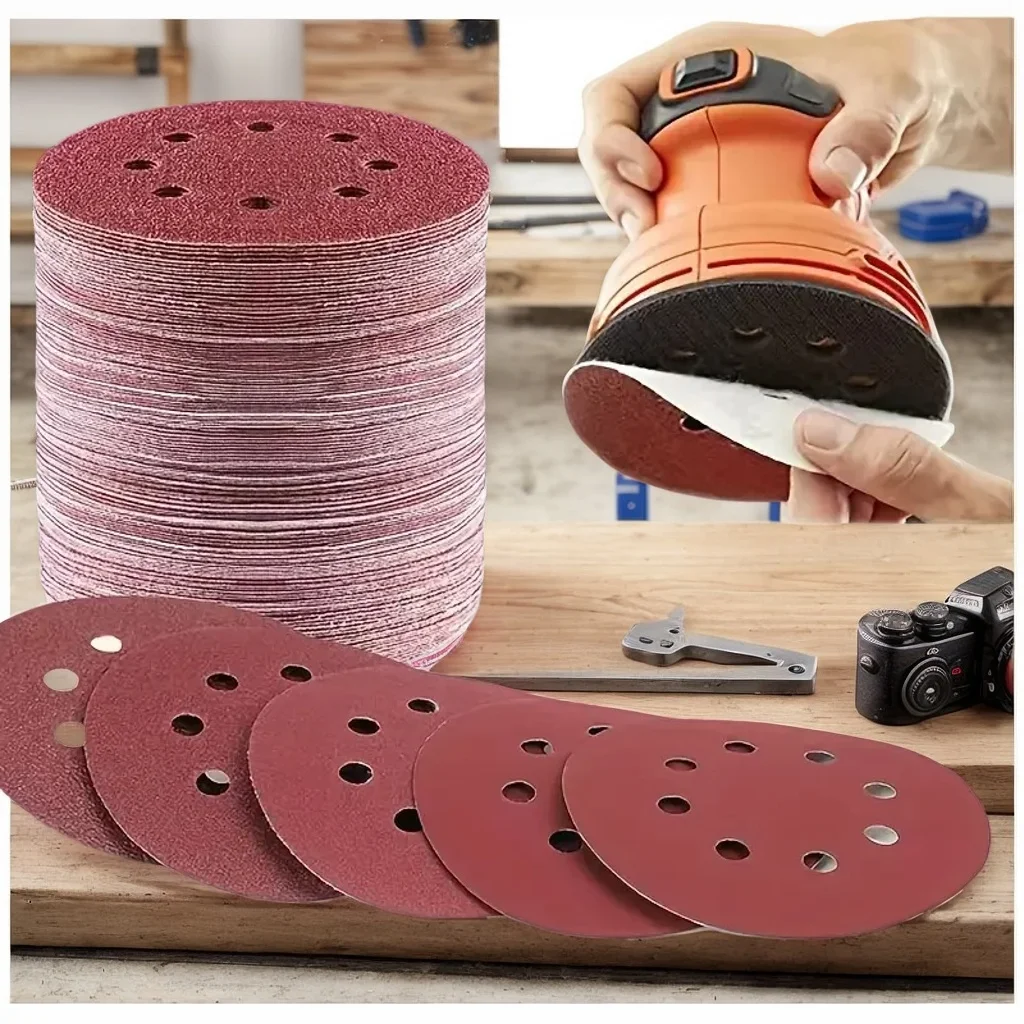 

5-Inch 80 Grit Aluminum Oxide Sanding Discs – 8-Hole Hook & Loop for Air Grinder, Red Velvet Type for Metal & Wood Polishing