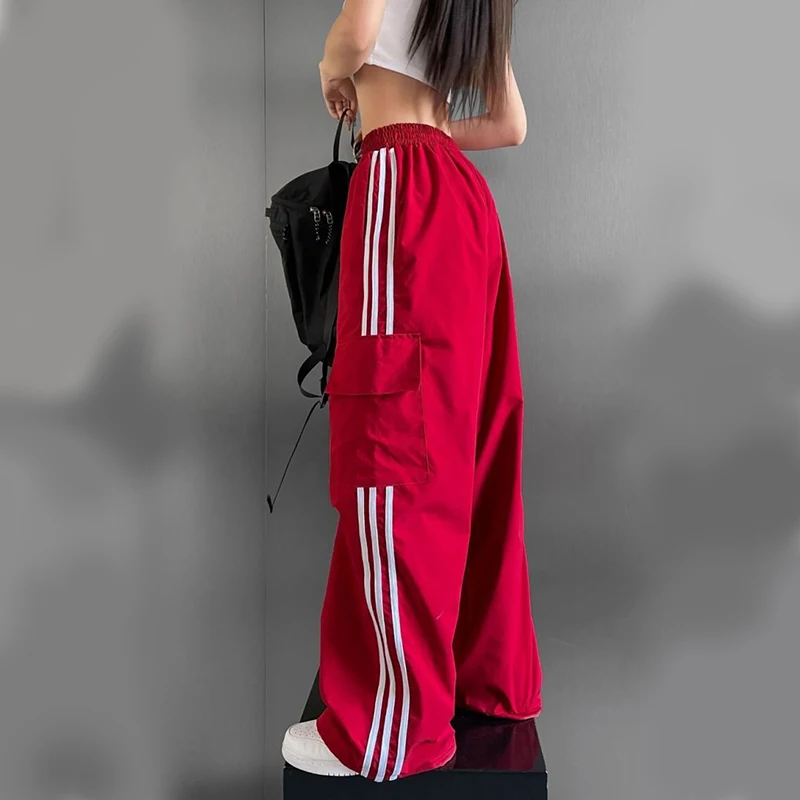 Gidyq Streetwear Women Stripe Cargo Pants American Style Fashion Patchwork Loose Sweatpants Y2K Female Hip Hop Wide Legs Pants