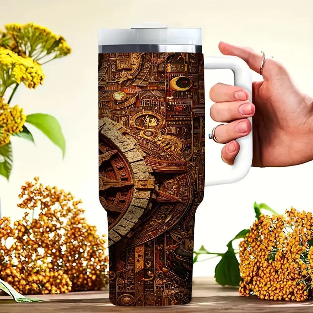 Vintage Mayan Solar Calendar Carving Print 40Oz Tumbler with Handle, Suitable for All, Fits Hot And Cold Drinks, Perfect for Daily Use And Outdoor Activities
