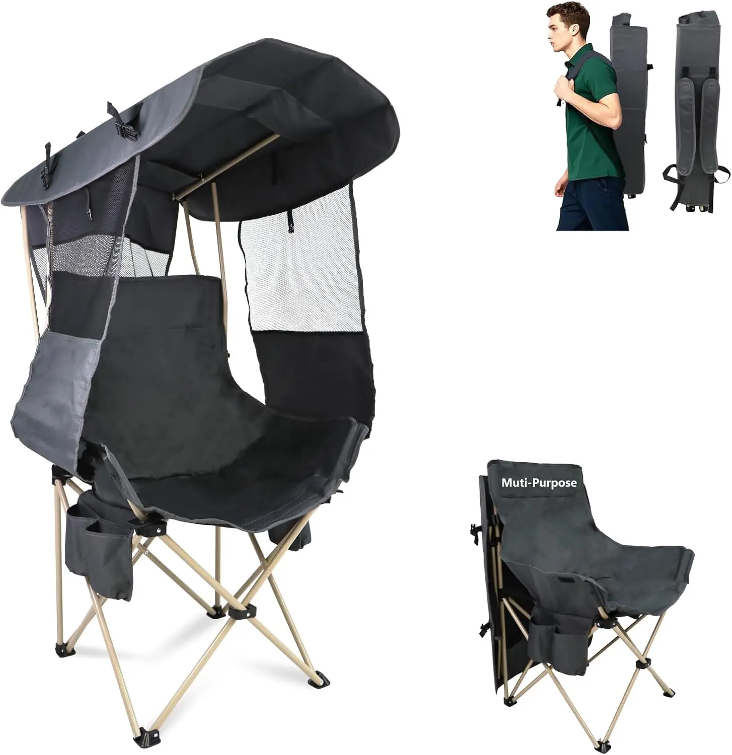 

Folding Camping Chair with Canopy - Portable Beach Chair for Adults, Heavy Duty Grey, Shade Umbrella for Fishing & Lawn