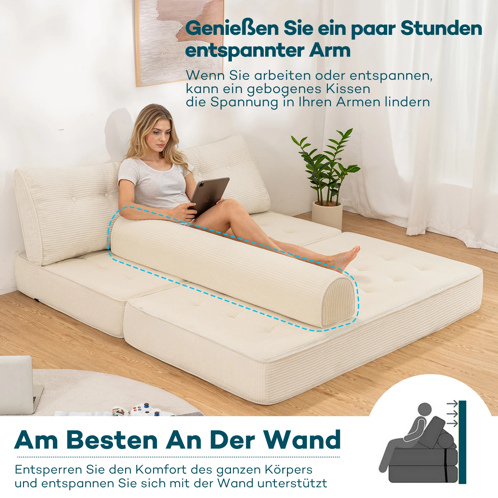 Image of Multifunktionales Queen-Size-Klappsofa mit Kissen, faltbare Matratze mit Rückenstütze, Boden-Lounge-Sofa für das Heimbüro