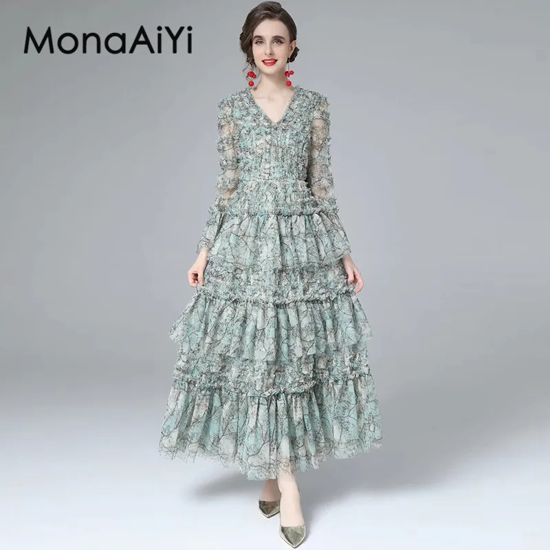 MonaAiYi Autumn Women's Ball Gown Dress Fashion V-Neck Long Sleeved Edible Tree Fungus Edge Evening Dresses