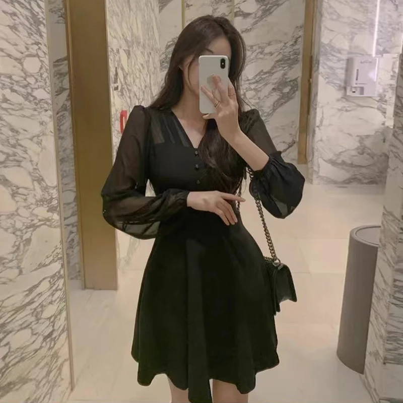 Korea Chic Autumn New 2024 French Elegant V-neck Stitching Mesh Dresses Waist Slim Long Sleeve Vestidos Puff Sleeve Dress Skirt