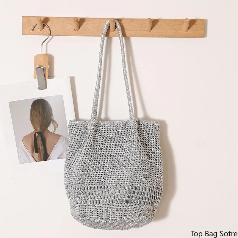 Women's Hollow Out Woven Straw Shoulder Bag Ruched Metallic Thread Summer Beach Vacation Korean Minimalist