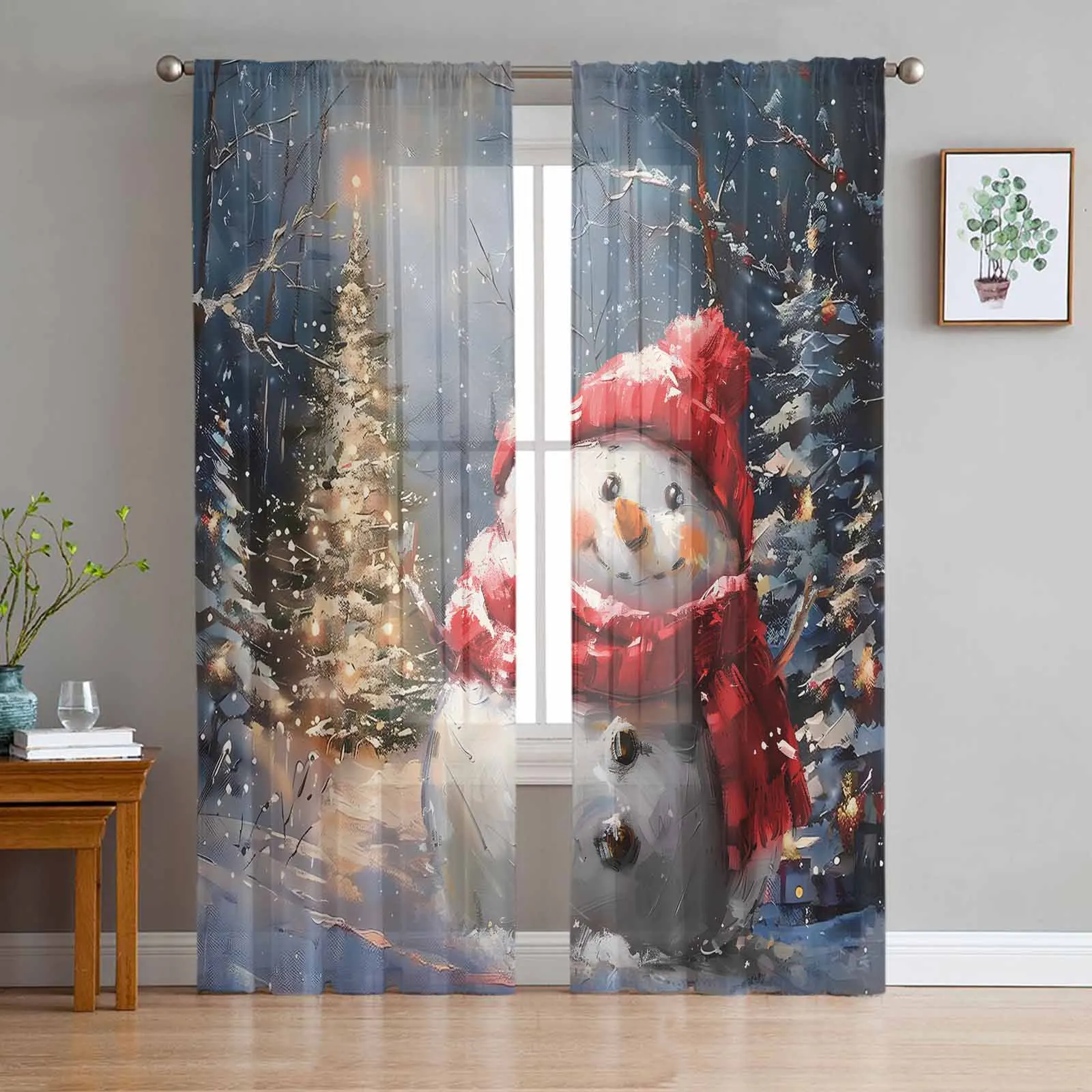 

Christmas Snowman Vintage Oil Painting Chiffon Sheer Curtains for Living Room Bedroom Decor Kitchen Window Voiles Tulle Curtain