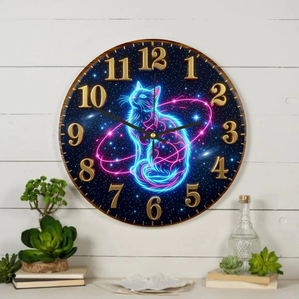 Cosmic Cat Radiance Round Wall Clock 3D Effect Flat Acrylic Clock, Silent Non-Ticking, Suitable for Home Decor and Gift Giving