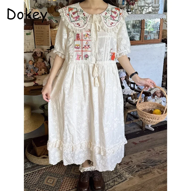 

Mori Girl Embroidery Lace Ruffled White Dress Women New Vintage Peter Pan Collar Loose Cotton Linen Dress Kawaii Lolita Vestidos