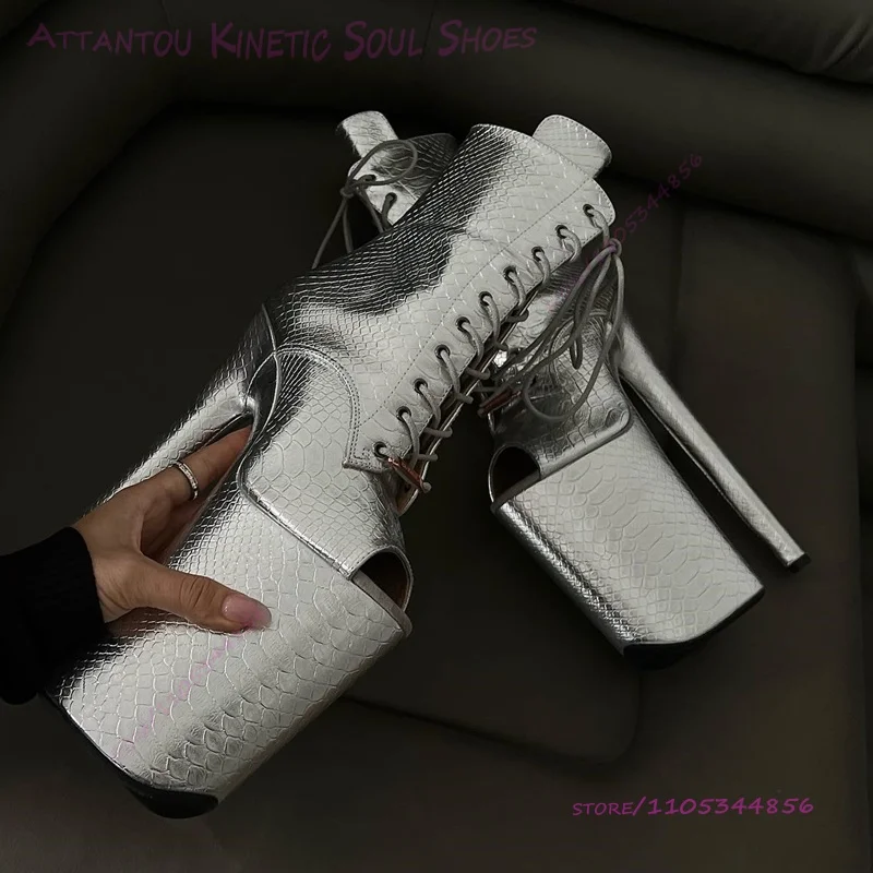 Shiny Silver Croc Embossed Boots 23cm 9 inch Open Platform Ankle Lace Stiletto Shoes Heel Pole Dance Booties Stage Club Footwear view 3